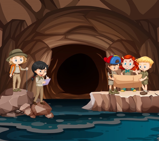 Szene mit einer gruppe von pfadfindern, die die höhle erkunden