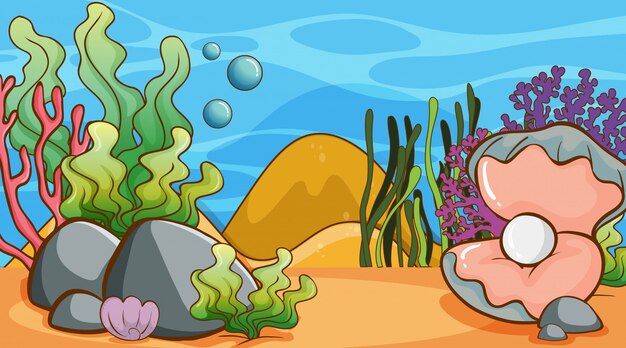 Szene mit Meerespflanze und Perle Unterwasser