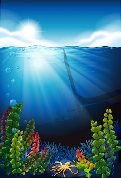 Szenenhintergrund mit blauem Meer und Unterwasser