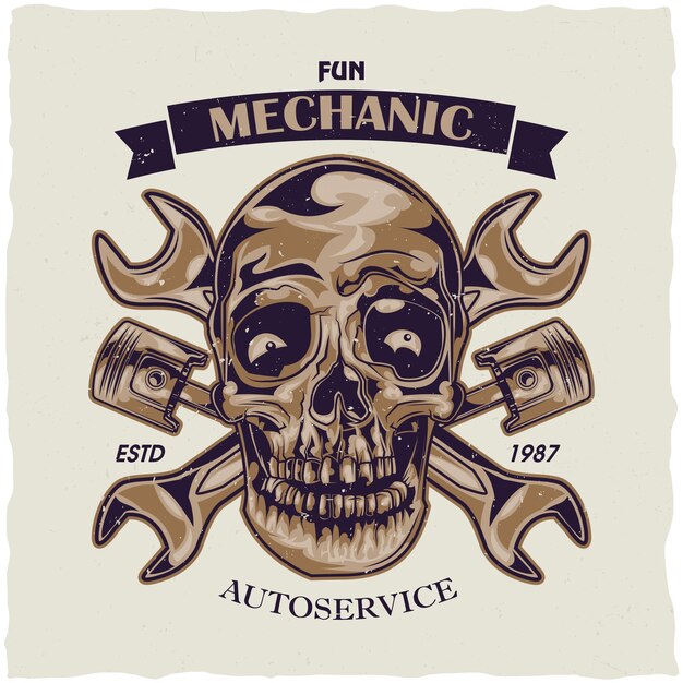 T-Shirt Etikettendesign mit Illustration des mechanischen Schädels