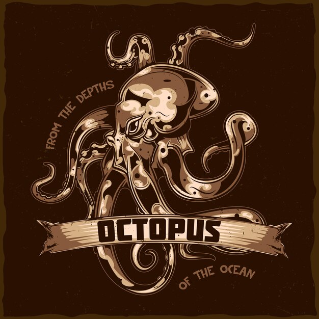 T-Shirt Etikettendesign mit Illustration des Oktopus