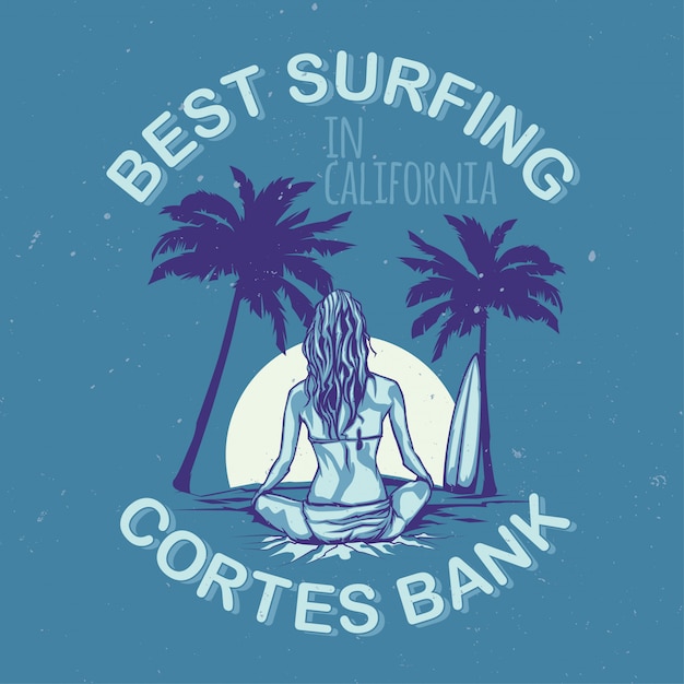Kostenloser Vektor t-shirt oder plakatentwurf mit abbildung des mädchens mit surfbrett