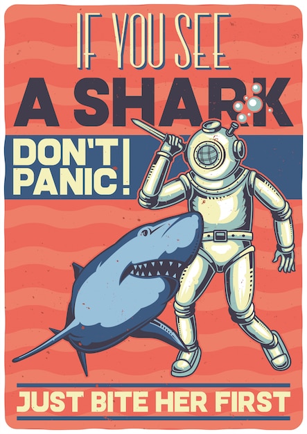 Kostenloser Vektor t-shirt oder plakatentwurf mit illustration eines tauchers mit hai.