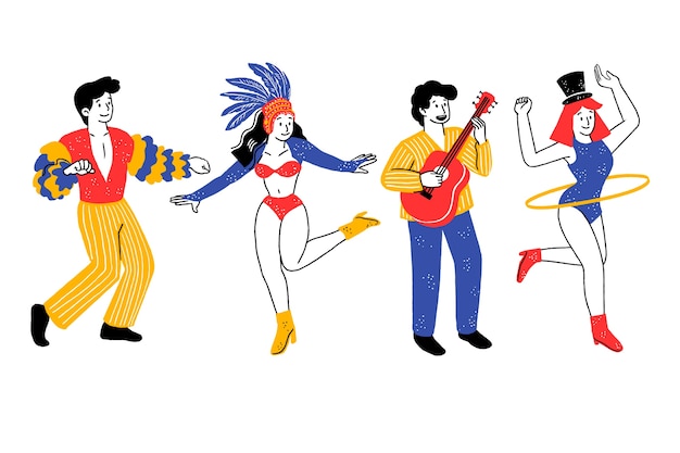 Tänzer kleideten in der gelben und blauen brasilianischen karnevalssammlung an