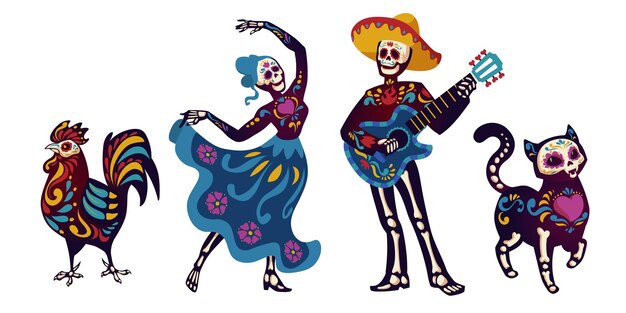 Tag der Toten, Dia de los Muertos Charaktere tanzen Catrina oder Mariachi Musiker