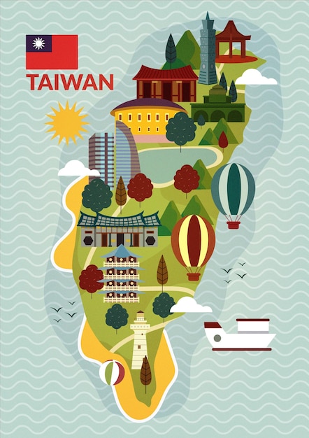 Kostenloser Vektor taiwan karte mit sehenswürdigkeiten
