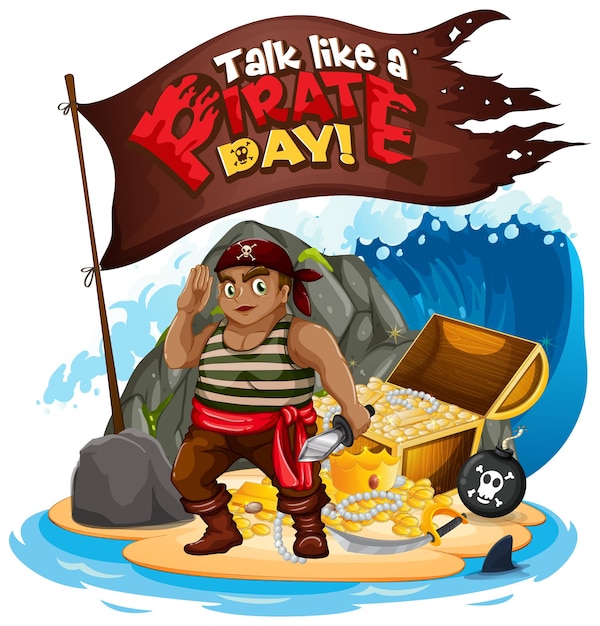 Kostenloser Vektor talk like a pirate day schriftbanner mit piraten-cartoon-figur