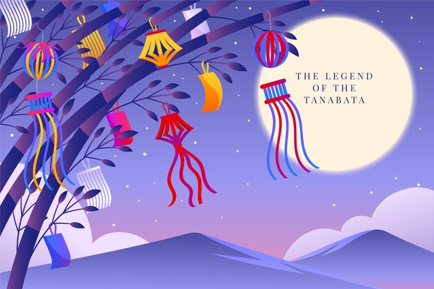 Tanabata-Hintergrund mit Farbverlauf und Dekorationen auf Bambus bei Vollmond
