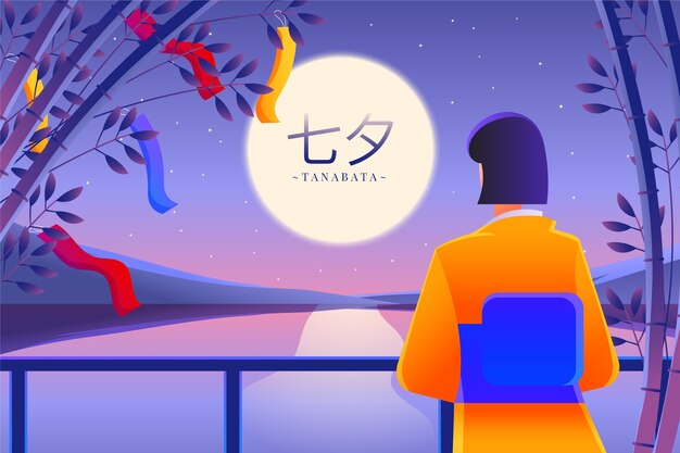 Tanabata-Hintergrund mit Farbverlauf und einer Frau, die über den See blickt