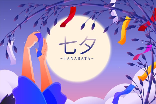 Tanabata-Hintergrund mit Farbverlauf und hängenden Dekorationen