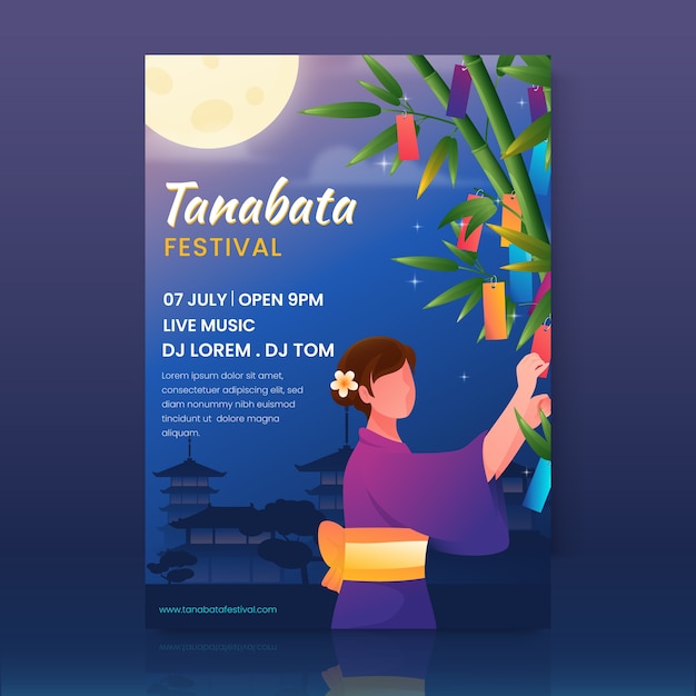 Tanabata-Plakatschablone mit Farbverlauf mit hängenden Dekorationen der Frau auf Bambus