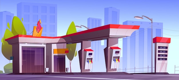 Tankstelle mit ölpumpe, nachfüllservice auf stadtbildhintergrund. städtische betankung für autos modernes gebäude mit markt, preisanzeige, diesel- oder benzinkanonen. cartoon-vektor-illustration