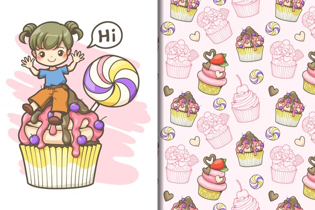 Tapete Und Nahtloses Musterkindmadchen Und Grosser Cupcake Mit Sussigkeiten Premium Vektor