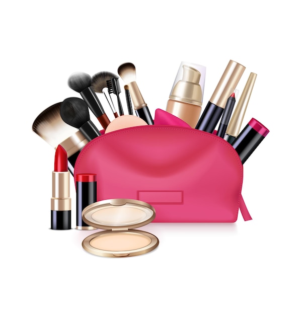 Tasche mit realistischer Zusammensetzung der Kosmetik mit lokalisiertem Bild des offenen Kosmetikkastens mit Pinseln und Lippenstiftillustration