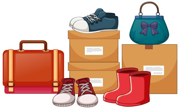 Taschen und Schuhe mit den Boxen auf weißem Hintergrund