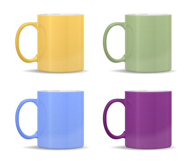 Tassen in verschiedenen Farben: gelb, grün, blau, lila