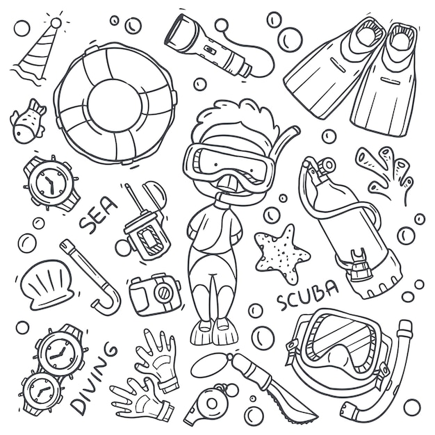 Tauchen Cartoon-Vektor-Doodles-Illustration