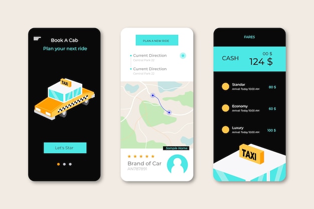 Kostenloser Vektor taxi app interfaces pack