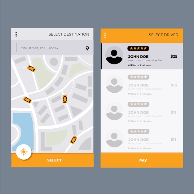 Kostenloser Vektor taxi app-oberfläche