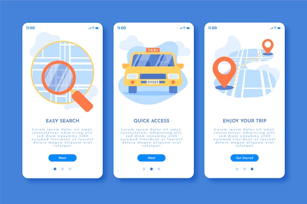 Taxiservice onboarding app bildschirme