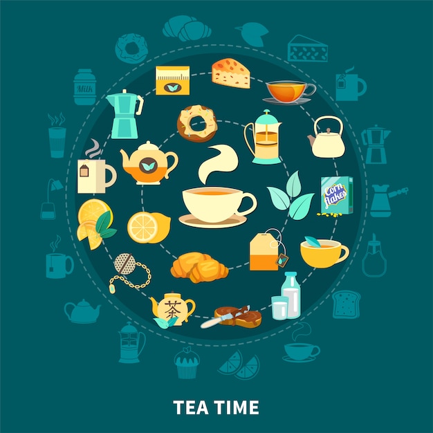 Kostenloser Vektor tea time round zusammensetzung