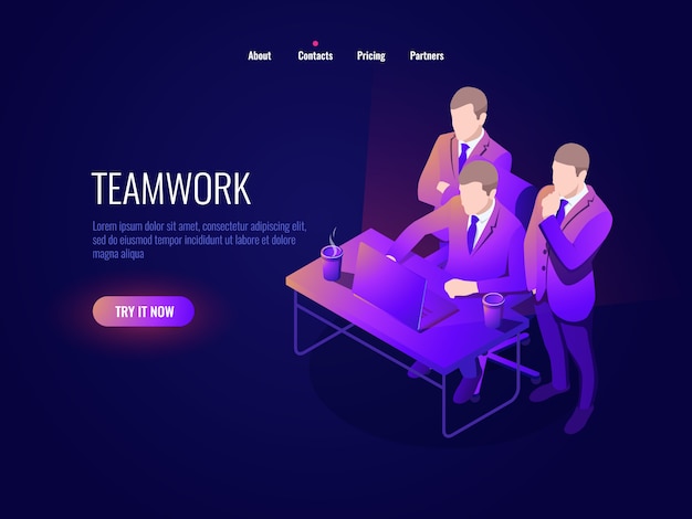 Kostenloser Vektor teamwork-symbol isometrie, kollektive diskussion, projektbesprechung, inbetriebnahme, geschäftsführung