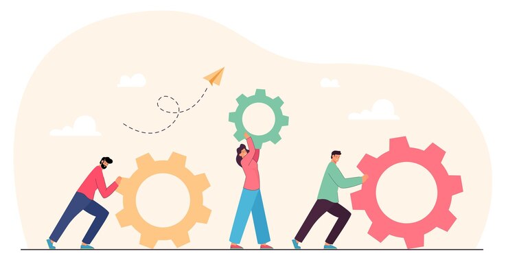 Kostenlose Vektor teamwork von kleinen leuten mit zahnrädern und zahnrädern. team von partnern, die an upgrade, reparatur, verbesserung der fähigkeiten und flacher vektorgrafik des kundenservice arbeiten. unternehmensorganisation, kooperationskonzept
