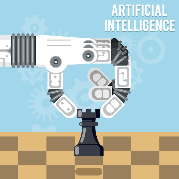Kostenloser Vektor technologie der künstlichen intelligenz. roboterhand spielt schach, arm macht eine bewegung mit turm