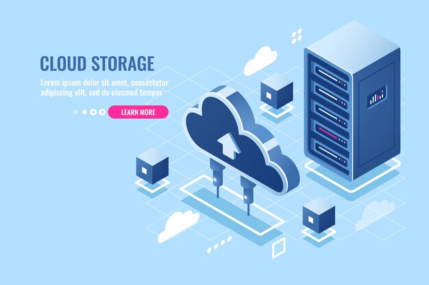 Technologie für Cloud-Datenspeicherung, Serverraum-Rack, Datenbank und isometrische Ikone des Datencenters