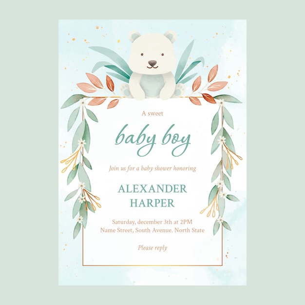 Kostenloser Vektor teddybär-babyparty-einladungsschablone