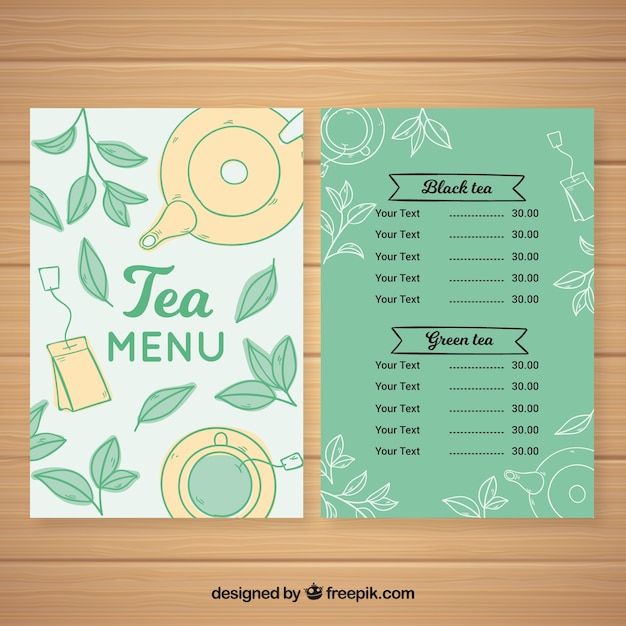 Tee-menü-vorlage mit verschiedenen arten von tee