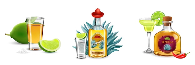 Kostenloser Vektor tequila drei realistische kompositionen, bestehend aus flaschen und weingläsern, dekoriert mit flügellimetten und blauer agave, isolierte vektorillustration