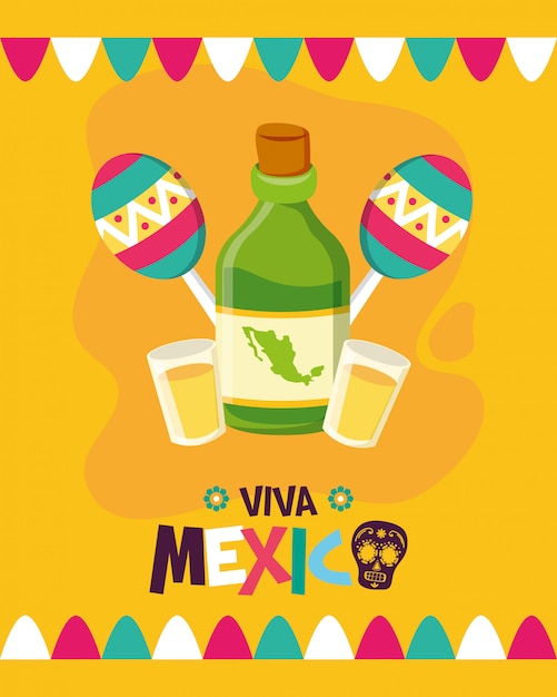 Kostenloser Vektor tequila-flasche und maracas für viva mexico