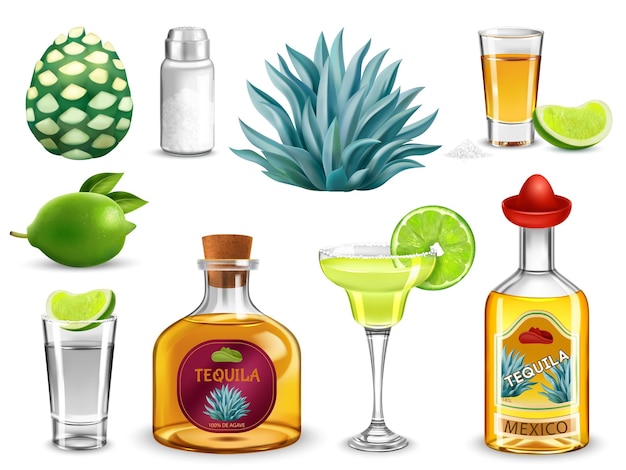 Kostenloser Vektor tequila, mexikanisches starkes alkoholisches getränk in flaschen und gläsern, realistisches set, isolierte vektorillustration