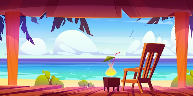 Kostenloser Vektor terrasse mit wunderschönem sonnigem meeresblick vektor-cartoon-illustration einer hölzernen terrasse in einem bungalow-haus mit sessel und cocktailglas auf dem tisch palmenblätter sandstrand blaues meerwasser