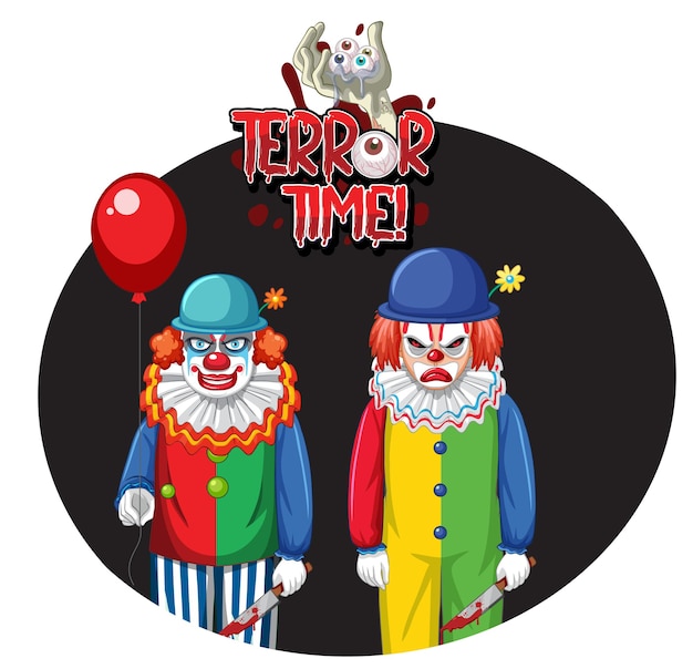 Kostenloser Vektor terror time abzeichen mit zwei gruseligen clowns