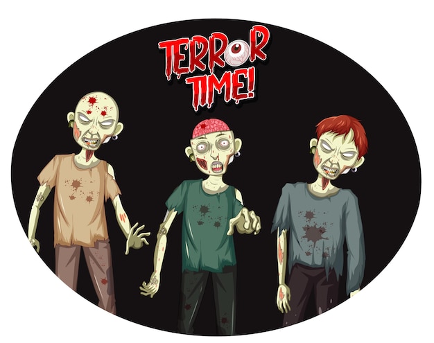 Kostenloser Vektor terror time textdesign mit drei gruseligen zombies
