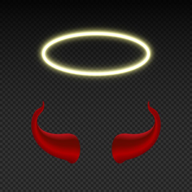 Teufelshorner Und Leuchtender Engelsnimbus Himmels Und Hollenvektorsymbole Lokalisiert Engel Und Teufel Satan Und Heilige Illustration Premium Vektor