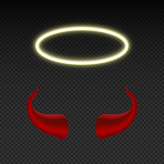 Teufelshorner Und Leuchtender Engelsnimbus Himmels Und Hollenvektorsymbole Lokalisiert Engel Und Teufel Satan Und Heilige Illustration Premium Vektor