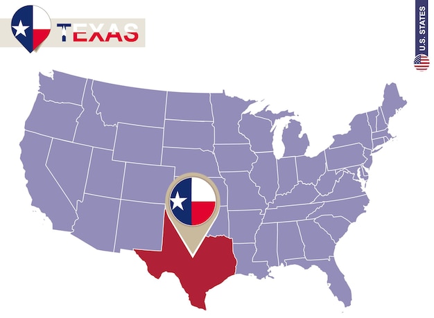 Texas-staat auf usa-karte. texas-flagge und karte. us-staaten.