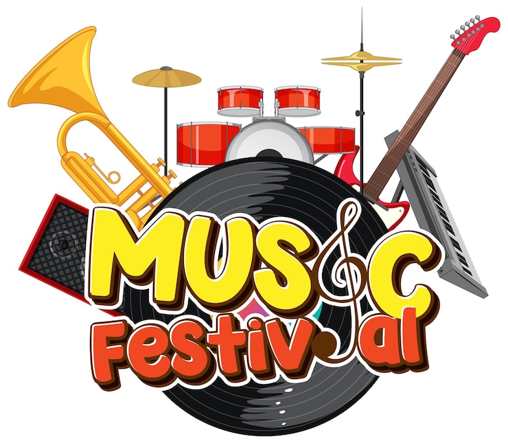 Kostenlose Vektor text des musikfestivals mit musikinstrumenten