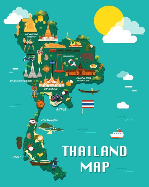 Thailand-karte mit buntem sehenswürdigkeiten-illustrationsdesign