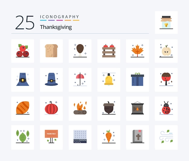 Thanksgiving 25 flat color icon pack inklusive lebensmittelkiste laib apfelbein