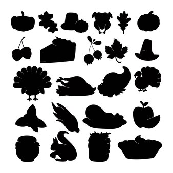 Thanksgiving-silhouette schwarz auf weiß reihe von monochromen objekten oder elementen