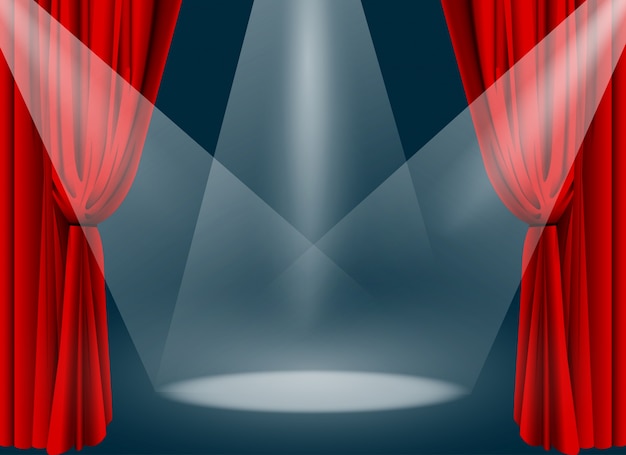 Theater Bühne mit rotem Vorhang und Rampenlicht
