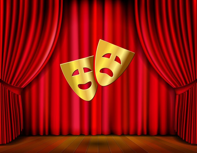 Theaterbühne mit goldenen Masken und roter Vorhangvektorillustration
