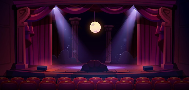 Kostenlose Vektor theaterbühne mit roten vorhängen beleuchtet den mond