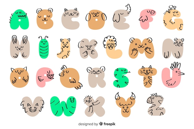 Kostenloser Vektor tierische alphabet hand gezeichnet