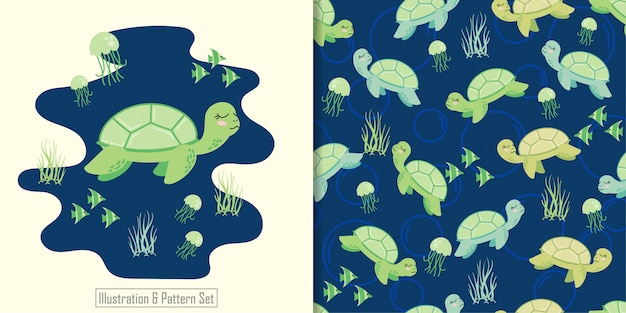 Tierisches nahtloses muster der netten schildkröte mit hand gezeichnetem illustrationskartensatz Premium Vektoren