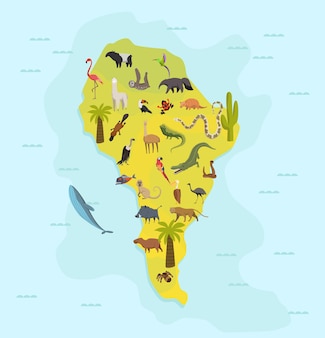 Tierkarte von südamerika. konzept der naturfaunakartographie. geographische karte mit lokaler fauna. kontinent mit säugetieren und meereslebewesen. vektorillustration im kinderstil.